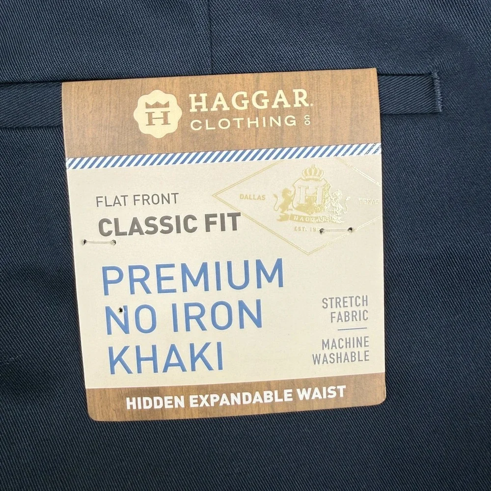 Haggar Premium No Iron Khaki Pants Mens 44x32 Navy Flat Classic Fit Stretch NWT